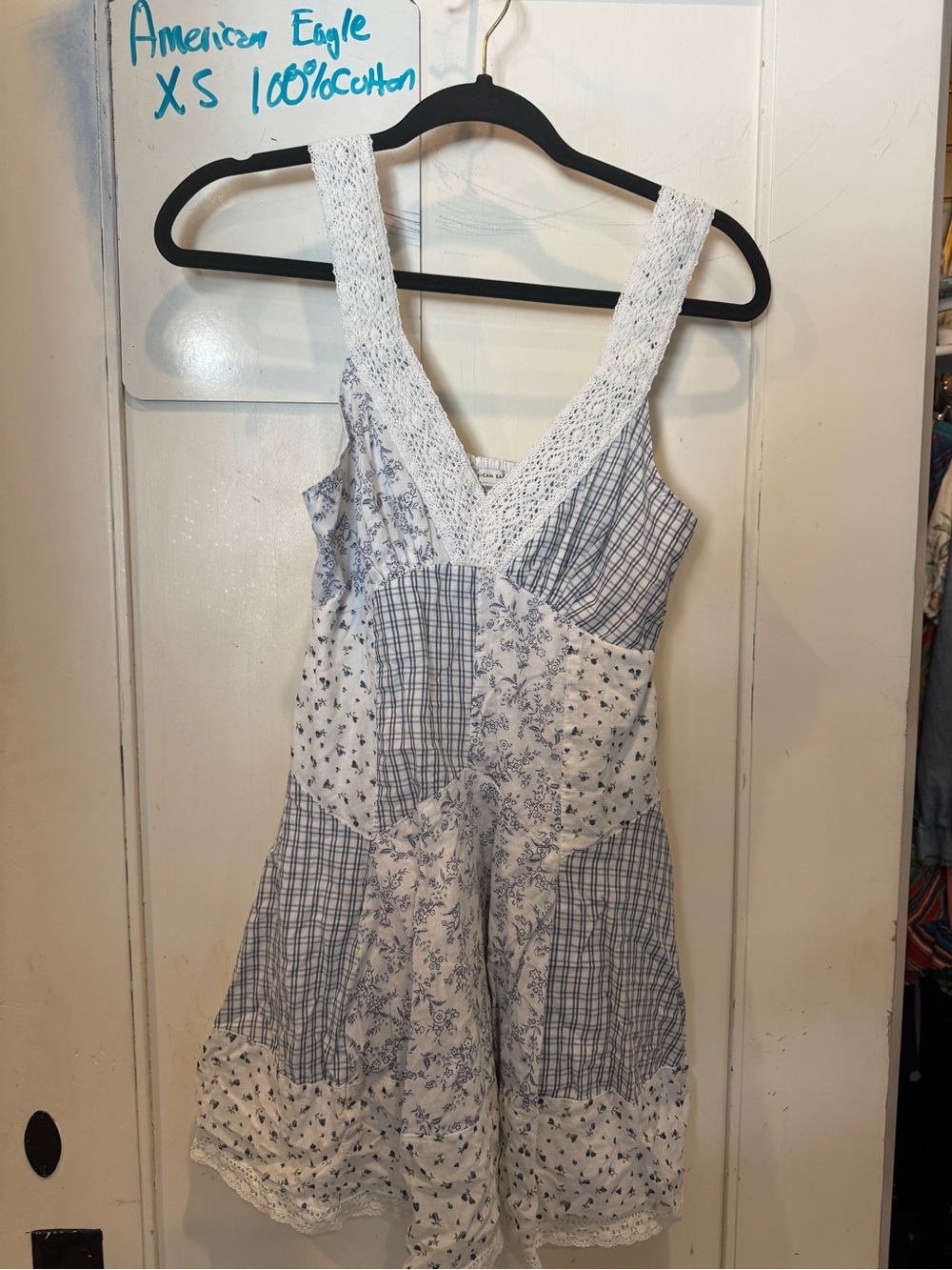 American Eagle Outfitters White & Light Blue Patchwork Lace-Trim Sundress